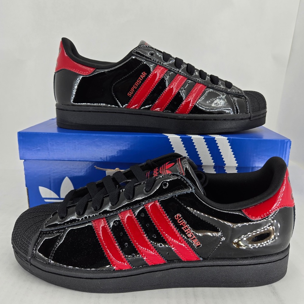 Adidas Superstar II Black Patent Red Stripes Mens 9.5 Sneakers KJ3262 NEW